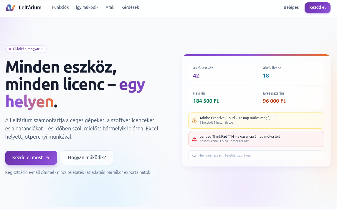 A Leltárium weboldalának nyitóképernyője az áttekintő műszerfallal