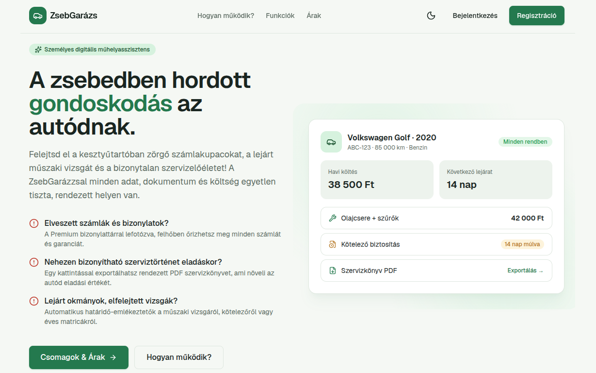 A ZsebGarázs weboldalának nyitóképernyője egy autó adatlapjával